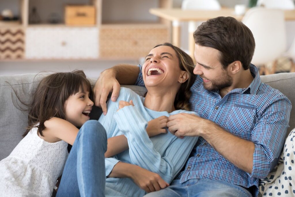 happy family on couch